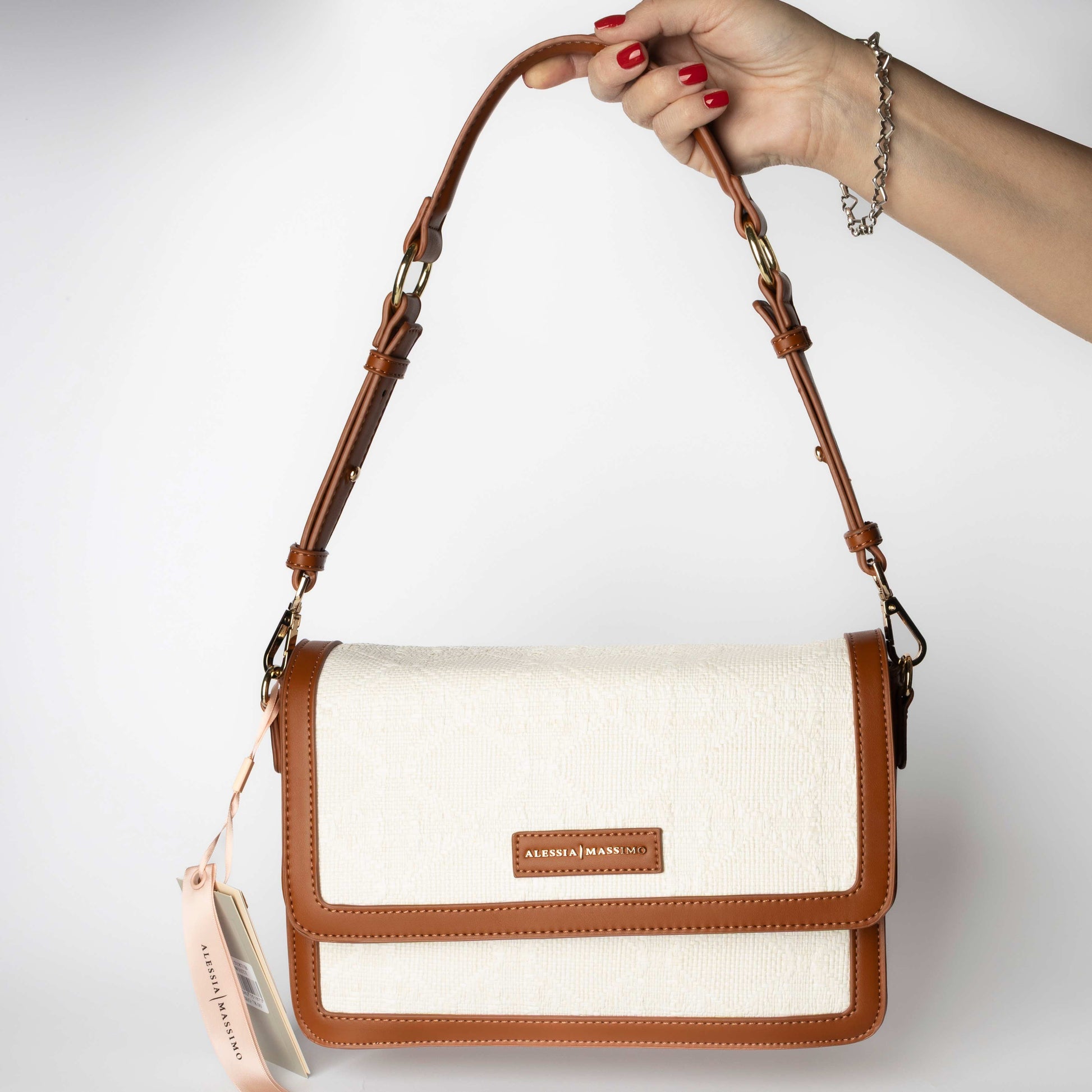 Borsa a Tracolla Bianca con Profili Cuoio - Alessia Massimo
