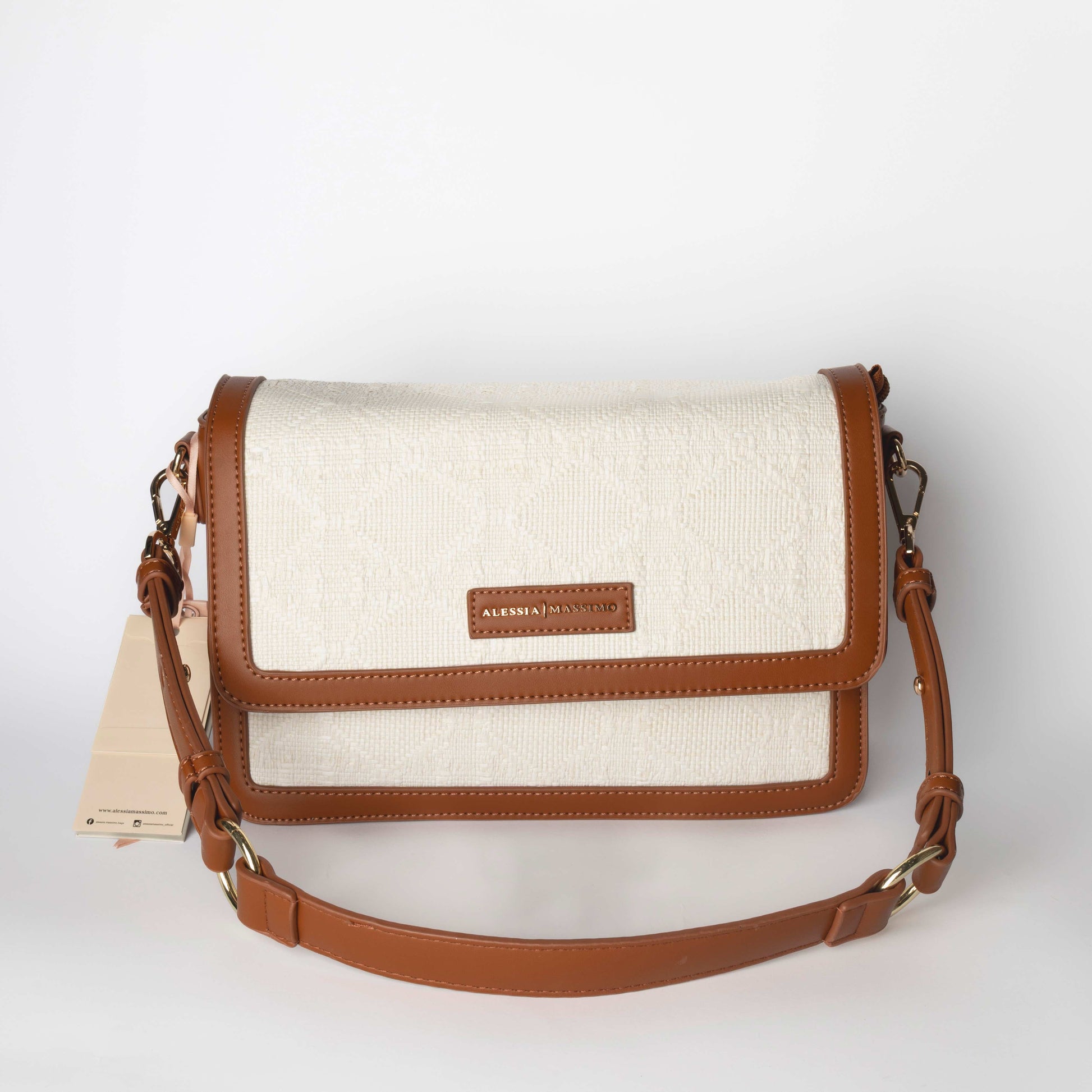 Borsa a Tracolla Bianca con Profili Cuoio - Alessia Massimo
