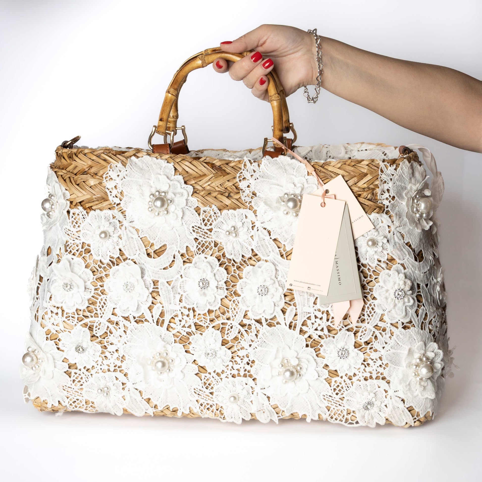 Borsa in Paglia con Ricami in Pizzo e Perle