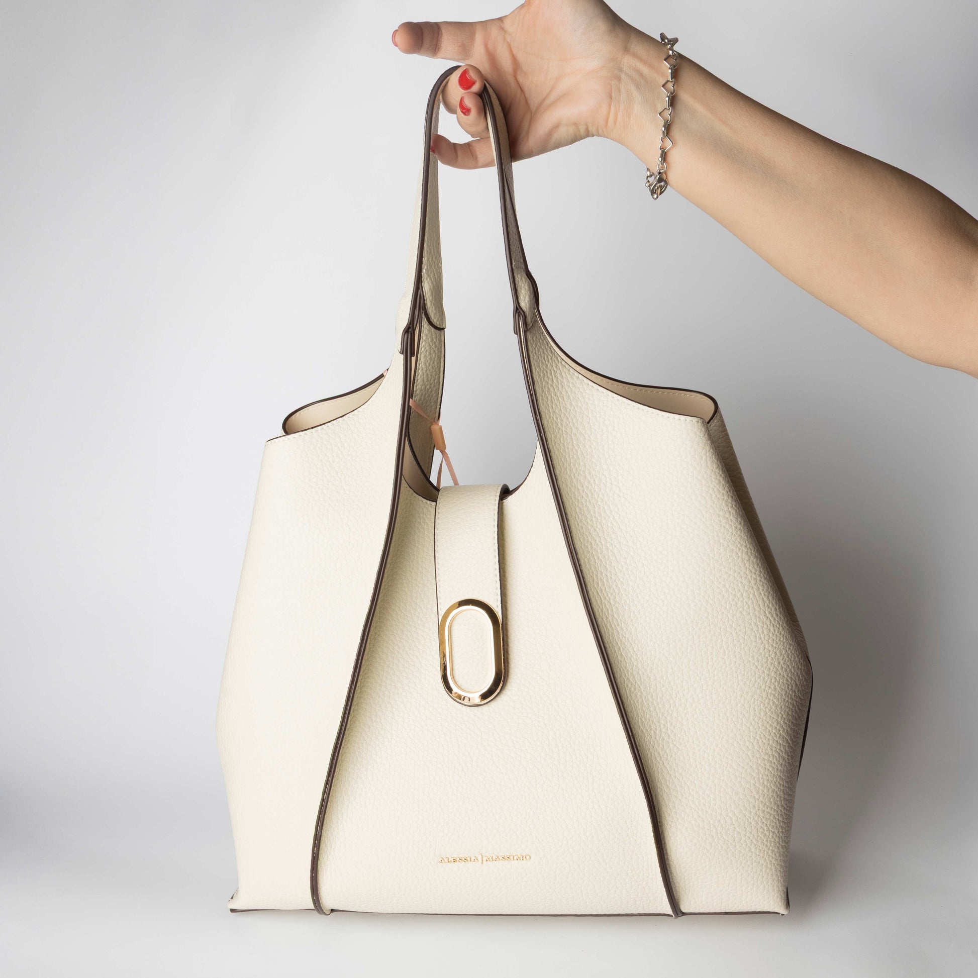 Borsa Shopper Avorio con Dettaglio Dorato