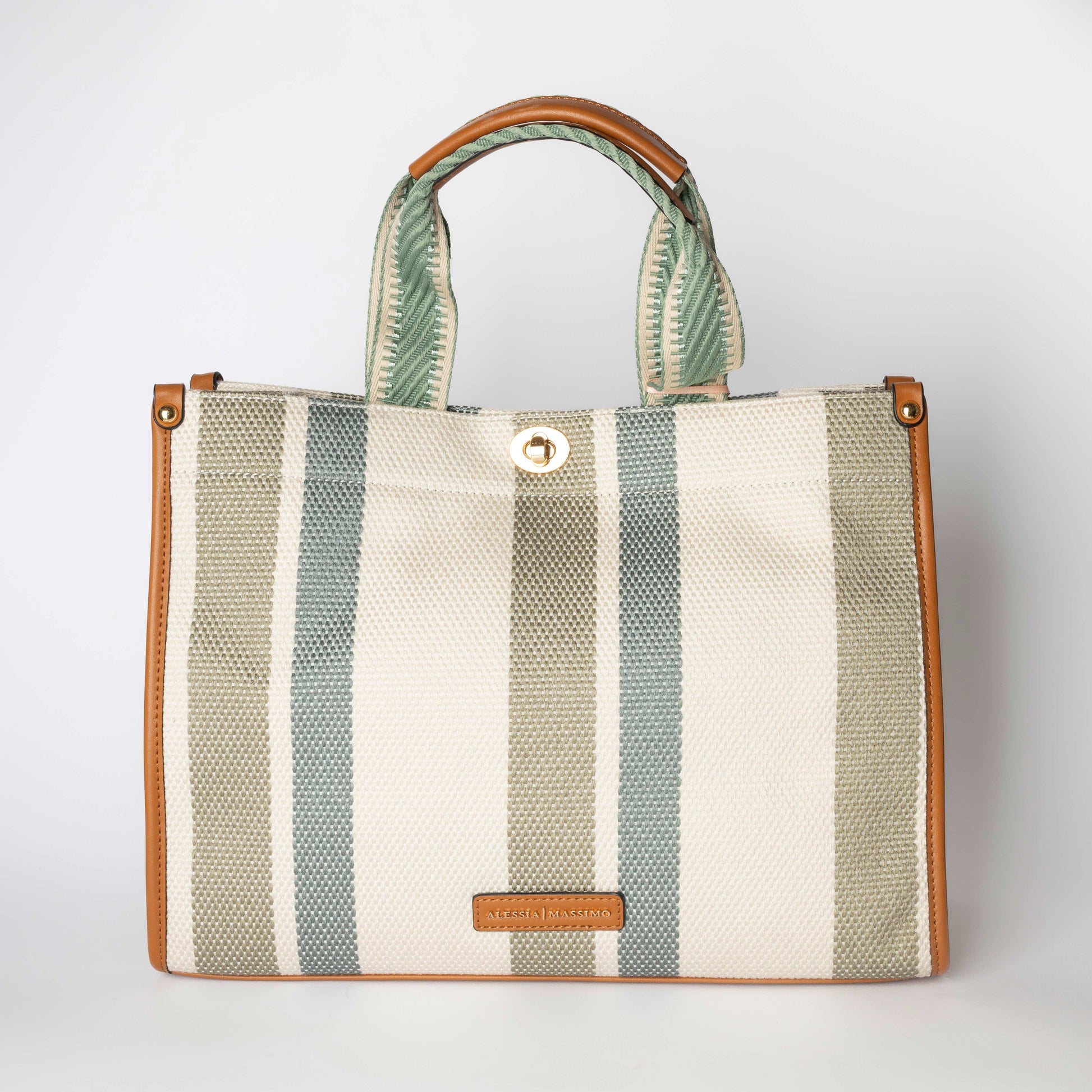Shopper a Righe con Manici in Tessuto Ricamato