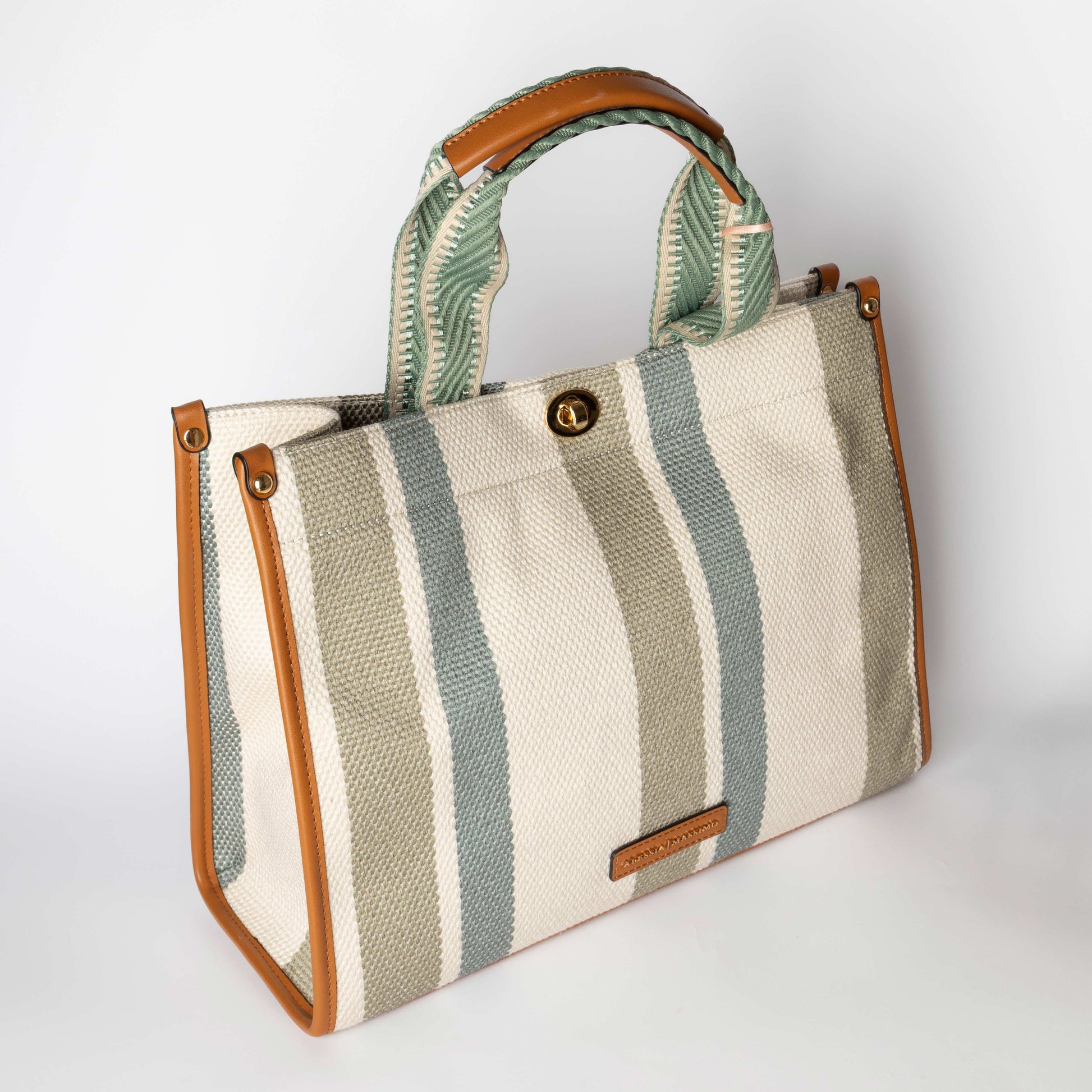 Shopper a Righe con Manici in Tessuto Ricamato