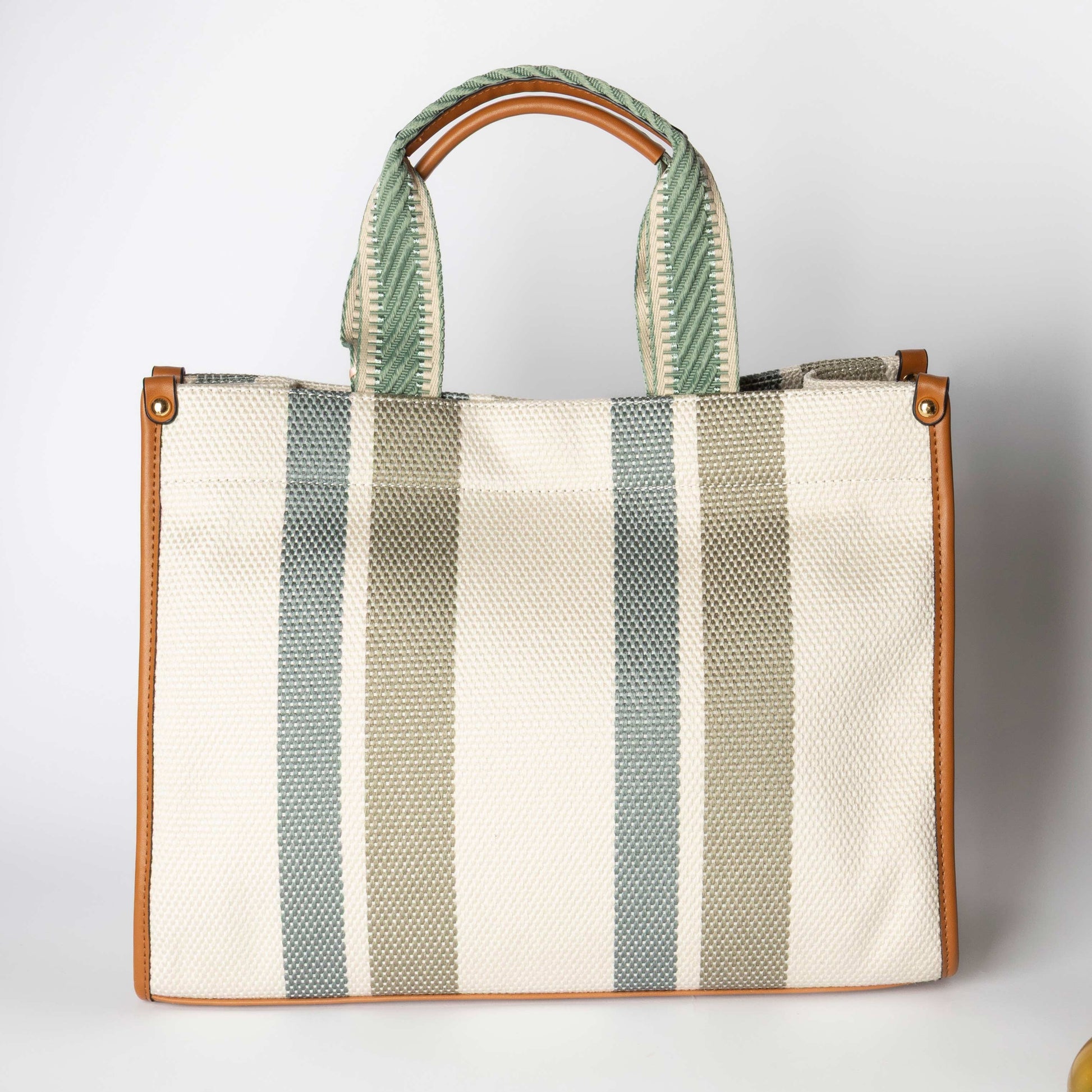 Shopper a Righe con Manici in Tessuto Ricamato