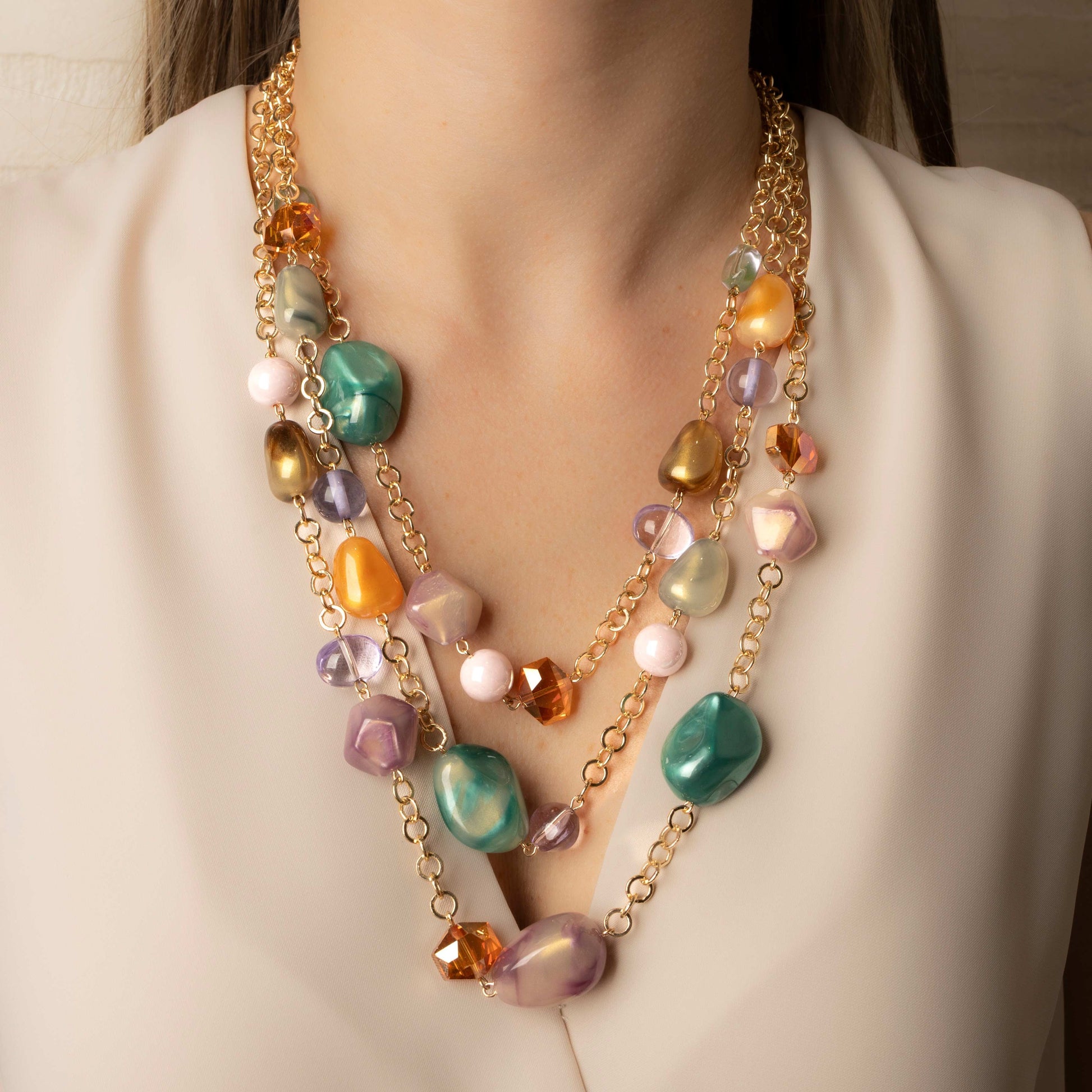 Collana Multicolor con Catena Oro e Pietre Irregolari