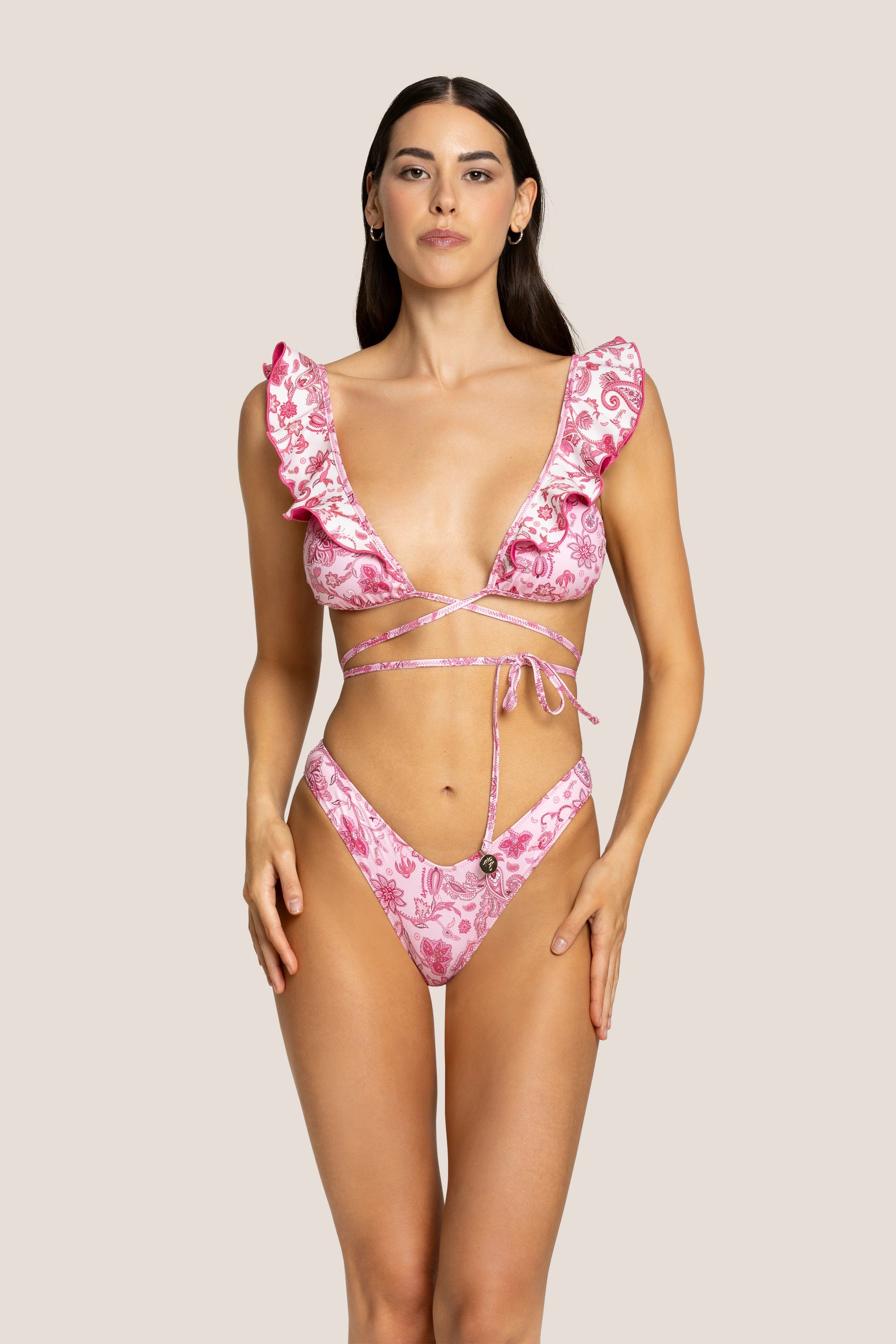 Bikini Rosa Paisley con Volant e Lacci